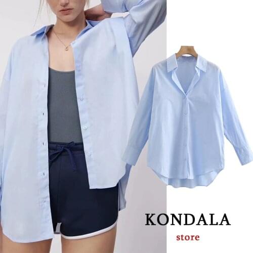 KONDALA Oversized Women Shirts Za Fashion Chic Solid Loose Long Shirts Female Spring 2021 V Neck Casual Blouses Long Sleeve Tops