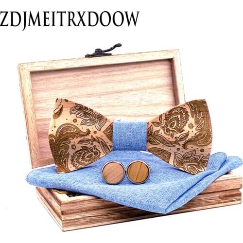 Light Blue 3D Paisley Wooden Bow Ties for Men Wood tie Gentleman Bow Ties Handmade Butterfly Wedding Party Gift for men T262