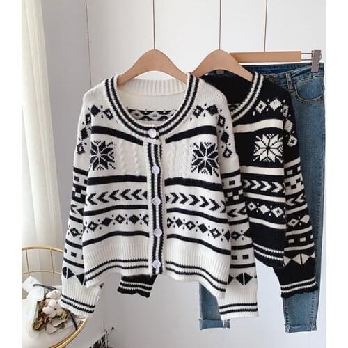 Sweater cardigan womens winter autumn all-match retro jacket knitted o neck long sleeve