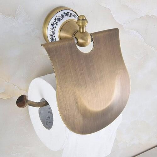 Vintage Retro Antique Brass Ceramic Flower Pattern Base Wall Mounted Bathroom Toilet Paper Roll Holder Bathroom Accessory mba774