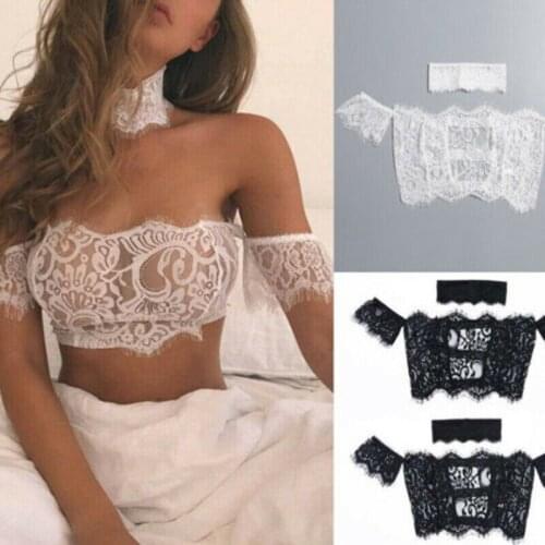 Sexy Women Lace Floral Off shoulder Backless Choker Bustier Crop Tops Party wear Cami Tank Sheer Lace Short Sleeve Blouse