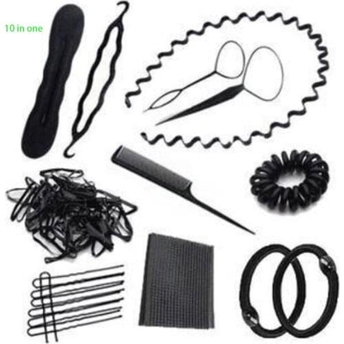 10 In 1 Women Bun Maker DIY Hair Styling Accessories Kit Magic Twister Ties Gum Hairpins Clips Donut Braiding Hairdress Tool Set