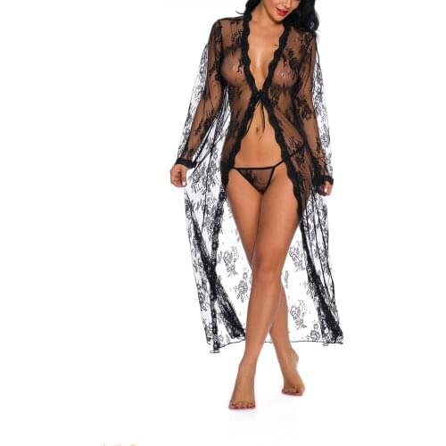 2021 New Women Sexy Lace Pajamas Transparent Solid Color Pajamas Underwear Long Sleeves V-Neck Lace Long Pajamas