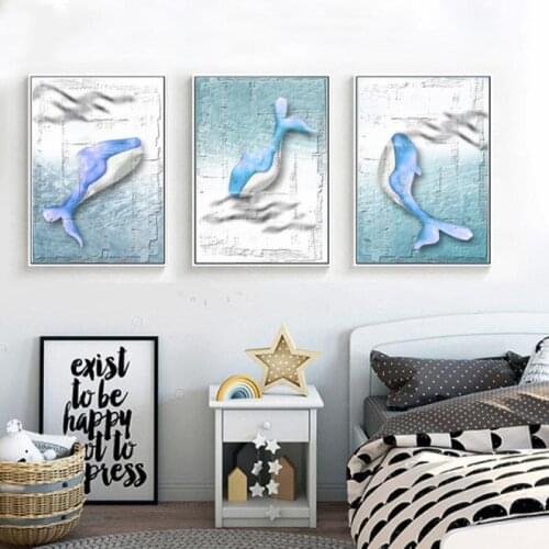 Abstract Light Blue Home Decoration Wall Painting Cartoon Whale Cute Childrens Room Decoration Canvas Frameless Printing Poster