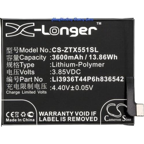 Cameron Sino 3600mAh Battery Li3936T44P6h836542 for ZTE/Nubia Nubia M2, Nubia M2 Dual SIM, Nubia M2 Dual SIM TD-LTE, NX551J
