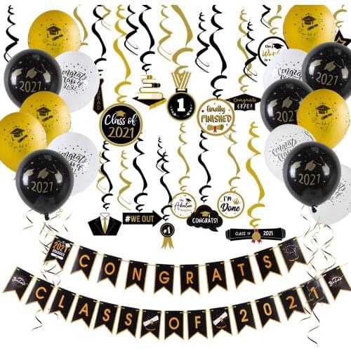 47pcs Grad Party Decoration Set Congrats Class Of 2021 Banner Metallic Foil Swirls Hanging Latex Balloons College High School