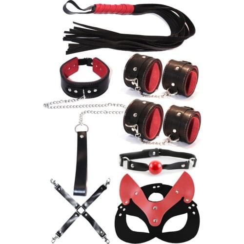 Red Black Fancy Handcuffs and Whip Fancy Mask Accessory Set 7 Pieces-colorful nights - fantasy moments