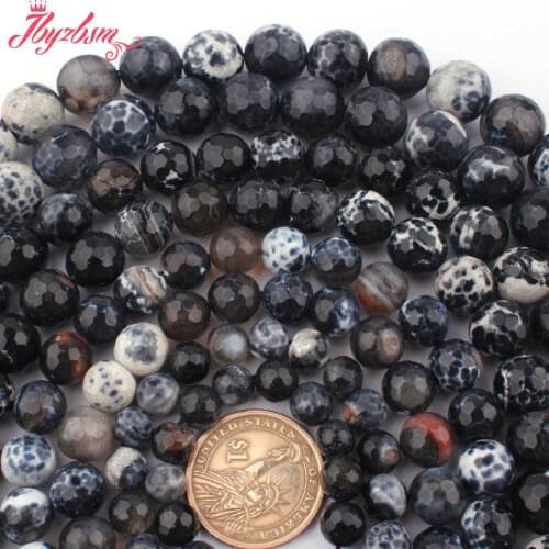 6mm 8mm 10mm Round Faceted Black Fire Agates Stone Loose Spacer Beads for DIY Women Men Necklace Bracelets Jewelry Making 15"