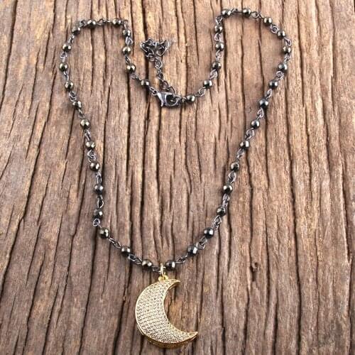 Fashion Bohemian Jewelry 4mm Black Hematite Links Chain Micro Zircon Pave Moon Pendant Necklaces Women Boho Choker Necklace Gift