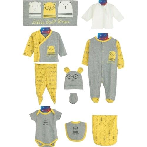 Newborn Baby Boy 10 Piece Hospital Output The Zibin Set Glasses Teddy Bear pattern 100% Cotton Baby Layette Baby Set 0-3 9,9-12months