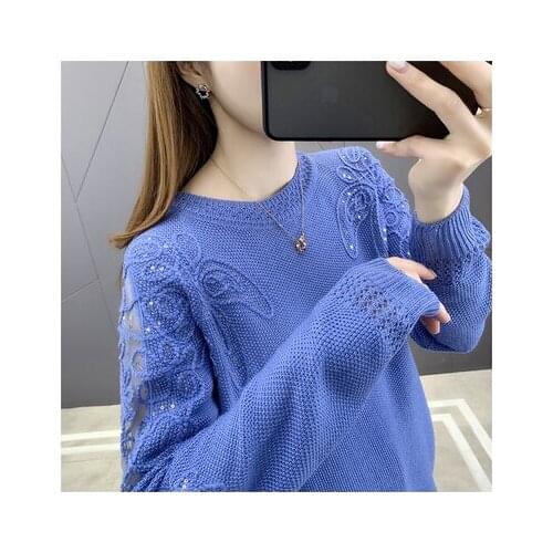 2021 New Loose Sweater Ladies Knit Spring Style Korean Lace Commute Hollow Style Bottoming Shirt Raglan Sleeves Low Round Neck