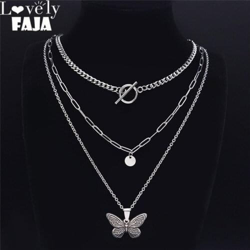 3PCS Fashion Hip Hop Butterfly Stainless Steel Necklace Silver Color Layer Necklaces Chain Jewelry colliers NXS03