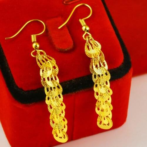 Peacock Feather Earrings Yellow Gold Filled Fashion Womens Dangle Earrings Long Tassel Style