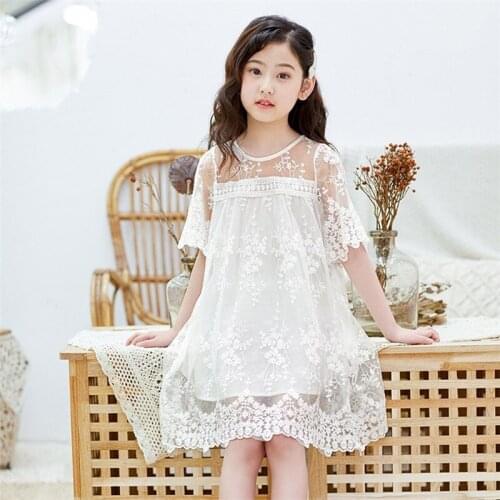 Girls Dress 2021 Summer Korean Mesh Short-sleeved Childrens Fashion Fairy Lace Princess Dress Kids Clothes