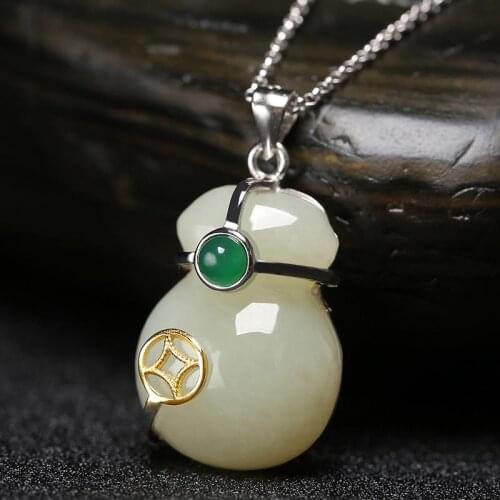Natural Hetian Jade Lucky Bag Pendant Necklace Chinese Style Retro Light Luxury Geometric Creative Charm Womens Silver Jewelry