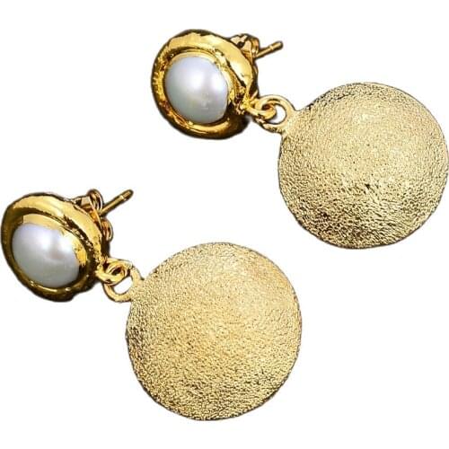 JK Natural White Pearl frosted Gold Plated Coin Stud Earrings