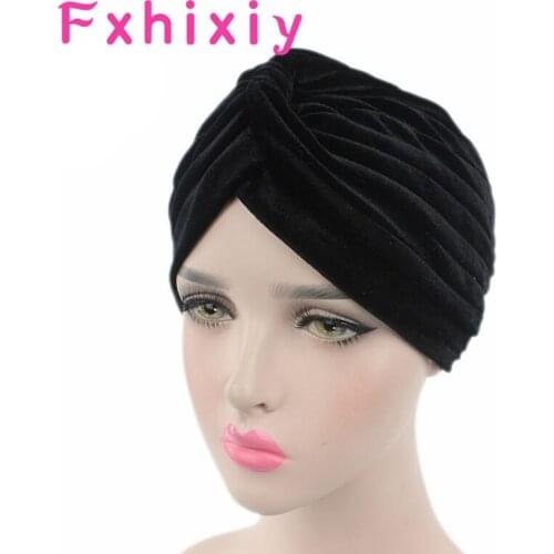 Muslim Women Velvet Ruffle Turban Hats Cancer Chemo Beanies Caps Headwrap Pleated Headwear Hair Loss Cover