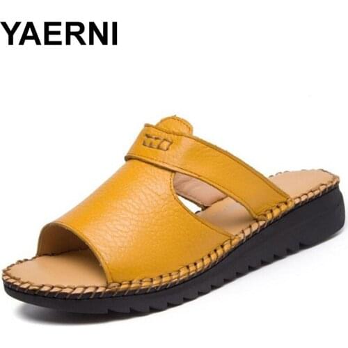 YAERNI Women slippers women sandals handmade genuine leather wedges casual female shoes summer sandals girl slippers