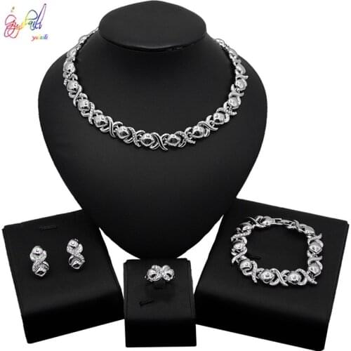 Yulaili Silver Color Wedding Jewelry Sets Bridal XO Necklace Earrings Bracelet Ring for Women Elegant Party Gift Fashion Costume
