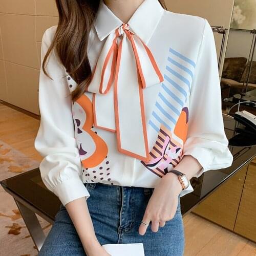 2021 Early Autumn Floral Print Chiffon Women Casual Shirts Bow Tie Formal Work Wear Blouse Tops White Orange Patchwork