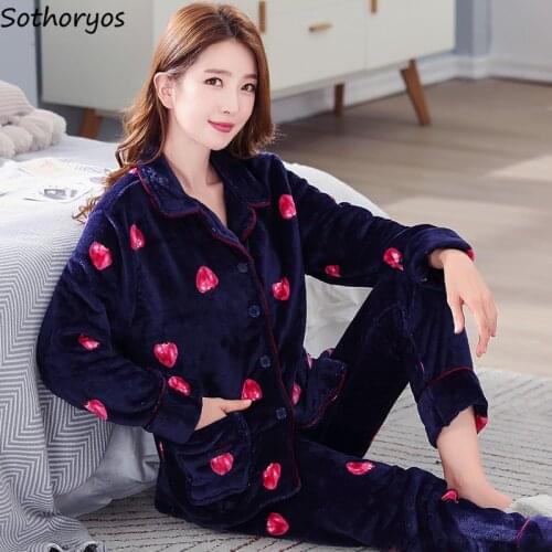 Pajama Sets Women Turn-down Collar High Quality Long Sleeve Womens Winter Pajamas Comfortable Lovely Korean Style Printed Chic