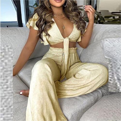 Women Casual Home Two-piece Set V-neck Short Sleeve Lace-up Ruffled Crop Tops High Waist Bandage Pleated Pants 2PC Suit 5 Colors
