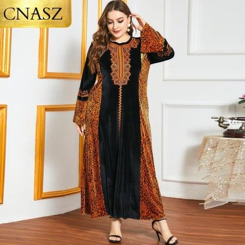 Latest Plus Size Dress Autumn and Winter Womens Ethnic Embroidery Long-Sleeved Leopard Print Hit Color Casual Gold Velvet Dress