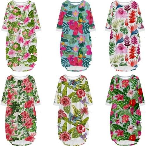 New Fashion 3D Print Long Premium Tropical Flower Pocket Loose Casual Robe Summer Dress Traf For Women V30