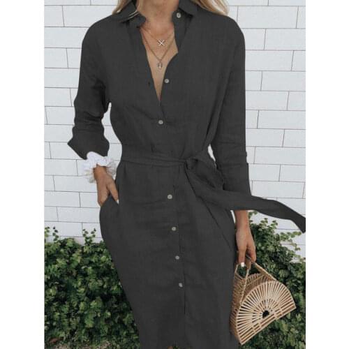 Plus size 5xl green/black linen dress Women sashes long sleeve button up long shirt dress 2020 robe chemise femme