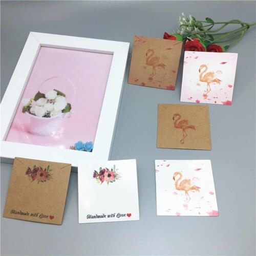 100 pcs 5x5cm kraft paper square print flamingo/flower pattern necklace/pendant price display card fashion jewelry card