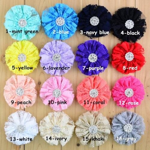 20 pcs/lot , 2.75" Ballerina Lace Flowers Ruffled Fabric Flower Flat Felt Back with Rhinestone Button center