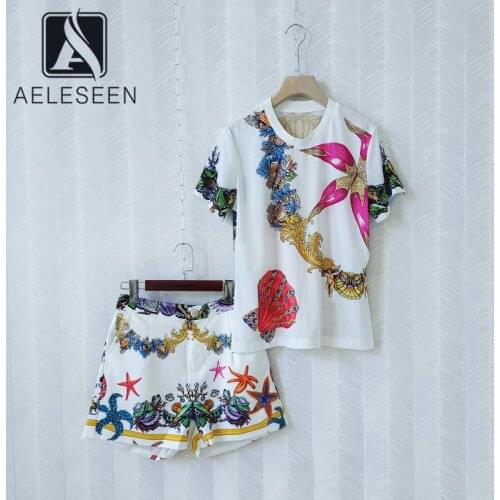 AELESEEN 2021 Designer Summer New Set Women Beading Casual Tee+Shorts Floral Printed Two Pieces Set