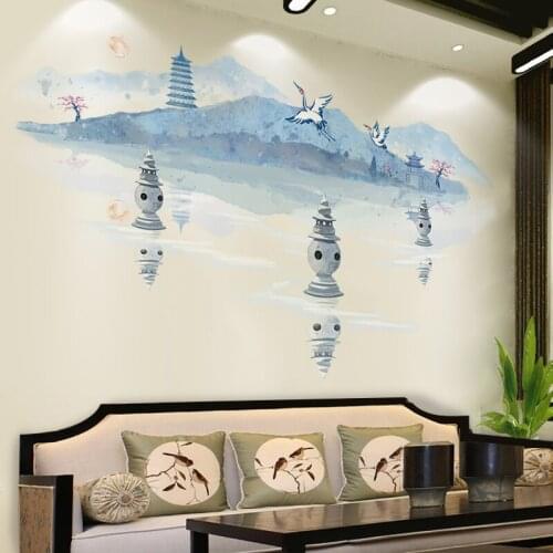 Watercolor Landscape Wall Sticker Chinese Style Living Room Sofa TV Backdrop Wall Decal Room Decor Self Adhesive Wallpaper