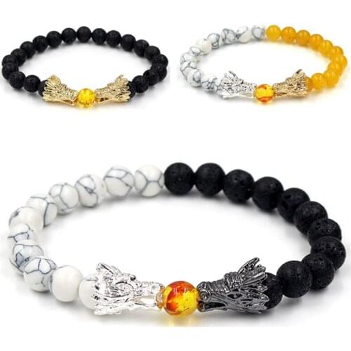 Natural Black Lava & White Howlite Stone Beads Bracelet Pulseira Masculina Mens Jewelry Buddha Dragon Bead Bracelet For Women