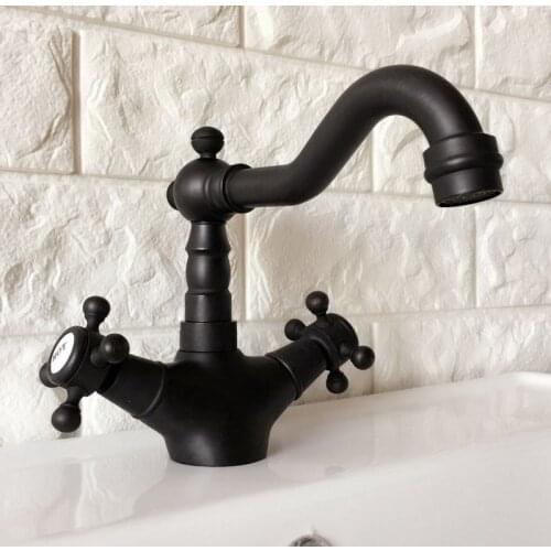 Black Oil Rubbed Brass Dual Cross Handles One Hole Bathroom Kitchen Basin Sink Faucet Mixer Tap Swivel Spout Deck Mounted mnf348