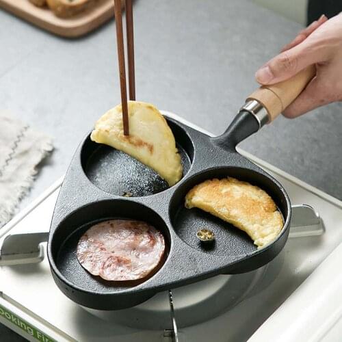 Cast Iron 3 Holes Omelette Pot Kitchen Omelette Artifact Mold Egg Dumpling Pot Non-Stick Small Frying Pan With Beech Handle