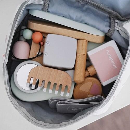 Wooden Girl Pretend Play Makeup Kit Lipstick Nail Polish Perfume Hair Straightener Comb with Cosmetic Bag Gifts Age 3