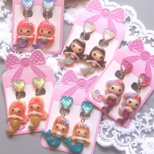 Lovely Little Princess Mermaid Drop Earrings for Women Girls Cute Cartoon Ear Clip No Pierced for Children Kids Birthday Gift