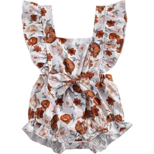 Baby Newborn Girl Cute Floral Print Romper Jumpsuit Sleeveless Square Collar Ruffle Bow Knot Infant Toddler Summer Rompers 0-24M