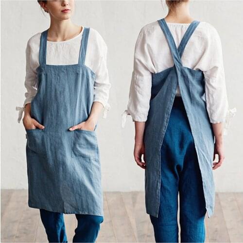 Women Cotton Linen Cross Back Apron Japanese Housework Baking Wrap Florist Dress Mothers Day Best Gift New Kitchen Accessories