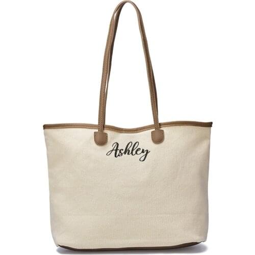 Customizable Tote Canvas Bag Embroidered Name One-Shoulder Handbag Simple Versatile Large Capacity Bag