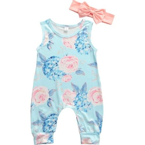 2020 Summer Newborn Baby Girls Clothing Set Toddler Casual Sleeveless Round Neck Floral Print Rompers Jumpsuit + Headband 0-18M