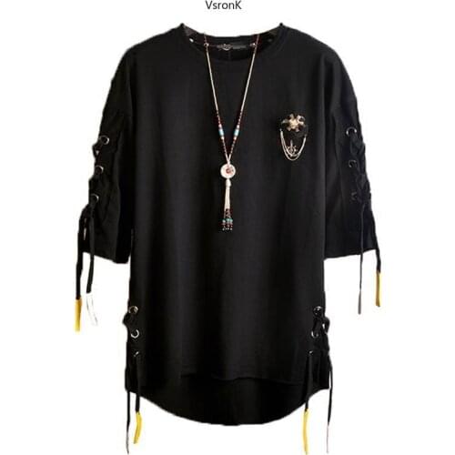 Idopy Korean Fashion Men`s Street Style Lace Punk Gothic Pullover Designer Steampunk Hem Hip Hop Sweatshirts Shirts Tees
