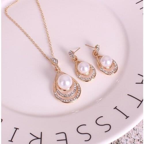 Creative Gold Color Necklace Earrings Wedding Bridal Pearl Jewelry Set For Women Lady Female Hot Sale