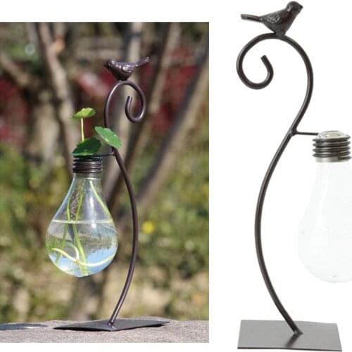 Creative Desktop Glass Planter Home Office Shelf Bulb Vase Stable Holder with Stand Bird Terrarium Vases Iron Arts