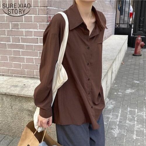 Fashion Striped Shirts Women Long Sleeve Blouse Vintage Shirt POLO Collar Office Lady Tops Korean Autumn Retro Clothes 11811