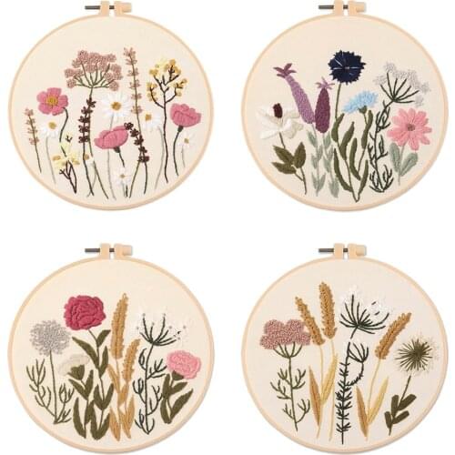 Floral DIY Embroidery Set with 20cm Plastic Hoop for Beginner Adults Needlework Kit Handmade Home Decorations