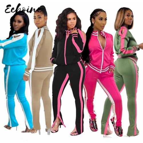 Autumn Womens set Tracksuit Full Sleeve Striped Jackets Pants Suit Two Piece Set Outfits Sportwear Overalls Plus Size S-2XL