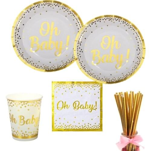 Oh Baby Party Tableware Paper Plate Cup Napkin Straw Baby Shower Kids Boy Girl Birthday Party Decoration Balloon Supplies