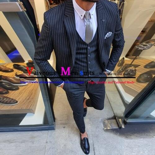 Casual Mens Suits Slim Fit 3 Piece Striped Prom Tuxedos Classic Business Jacket Vest Pants 2021 Wedding Male Groom Tuxedos Suit